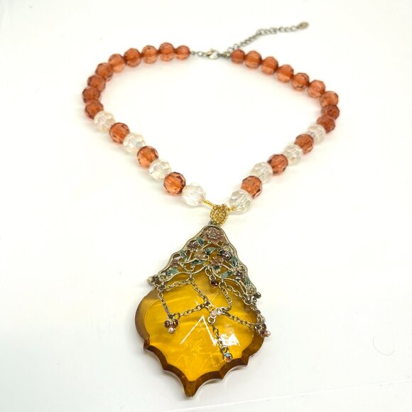 VINTAGE CZECH STYLE WHIMSYGOTH AMBER ACRYLIC FILIGREE NECKLACE FANTASY - Picture 6 of 16